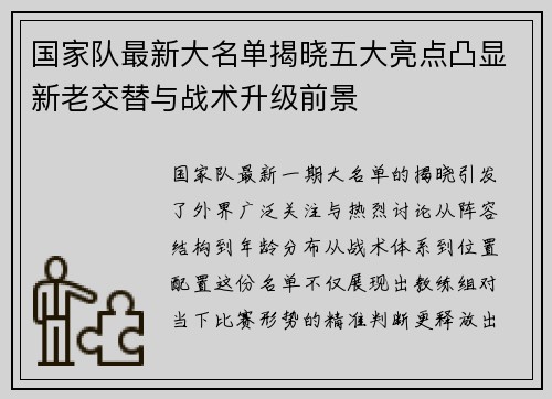 国家队最新大名单揭晓五大亮点凸显新老交替与战术升级前景